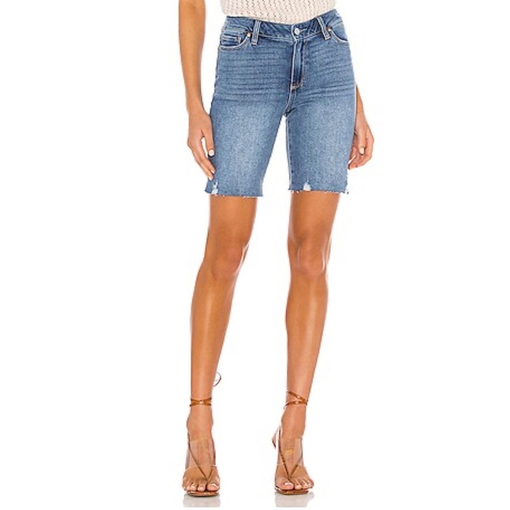 Paige Jax Knee Short 27 Medium Wash Distressed Frayed Hem Bermuda Denim Shorts